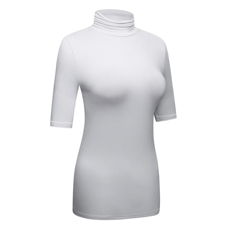 OThread & Co. Women's Half Sleeve Turtleneck T-Shirt Basic Stretch Layer Comfy High Neck Top (Small, White) - Image 3